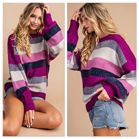 Lavender Moon Sweaters - Orchid Balloon Sleeves Striped Sweater
